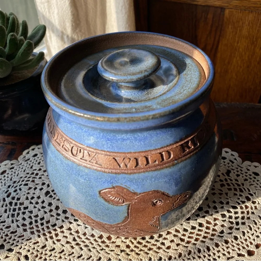 Vintage 1987 Studio Pottery Minnesota Wild Rice Blue Canister Crock Handmade EUC